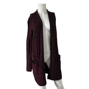 J Jill Burgundy and Black Textured Floral Knit Sweater Cardigan Womens Size XS
